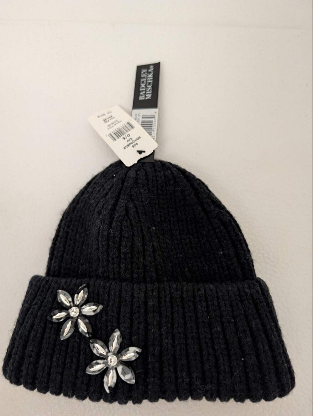 Badgley Mischka Black Knit Beanie with Crystal Flower Accents